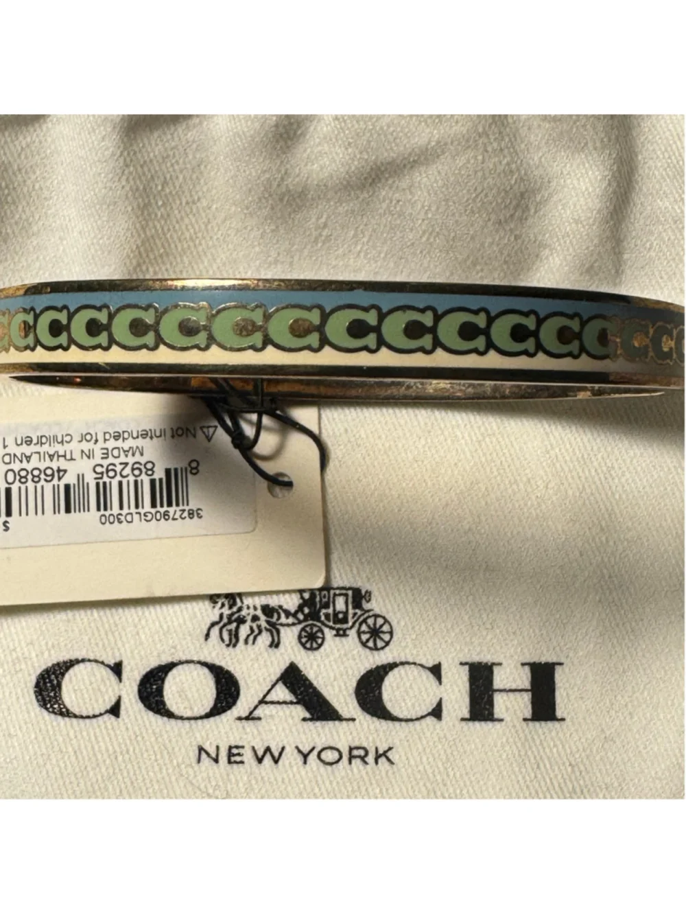Coach repeating, C logo, gold, blue cream, green hinged enamel bracelet￼